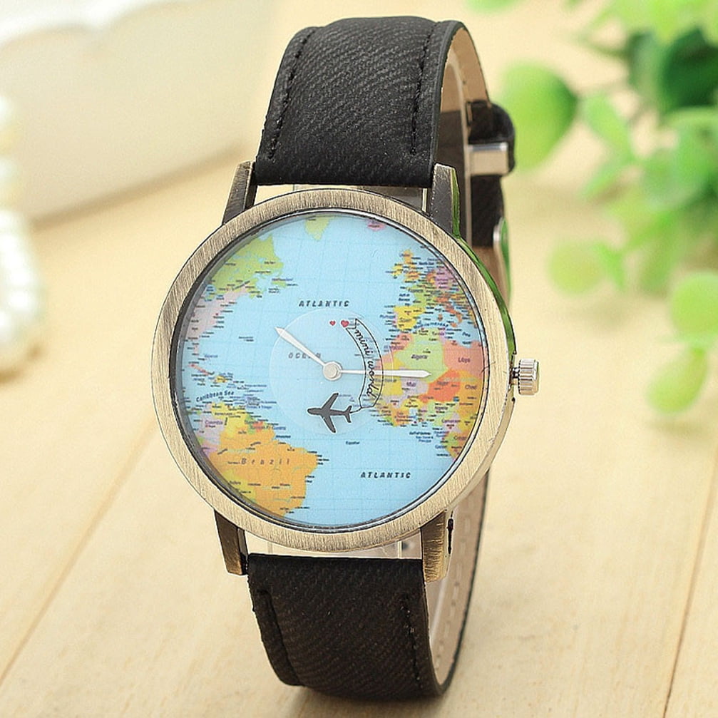 Rotating Airplane World Map Watch Unisex Bronze Case Black Band
