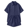 thumbnail image 3 of Pounoo Women's Two Piece Set Button Front Roll Up Sleeve Shirt and Drawstring Waist Shorts Casual Summer Lightweight Comfortable Outfits Gift, 3 of 5
