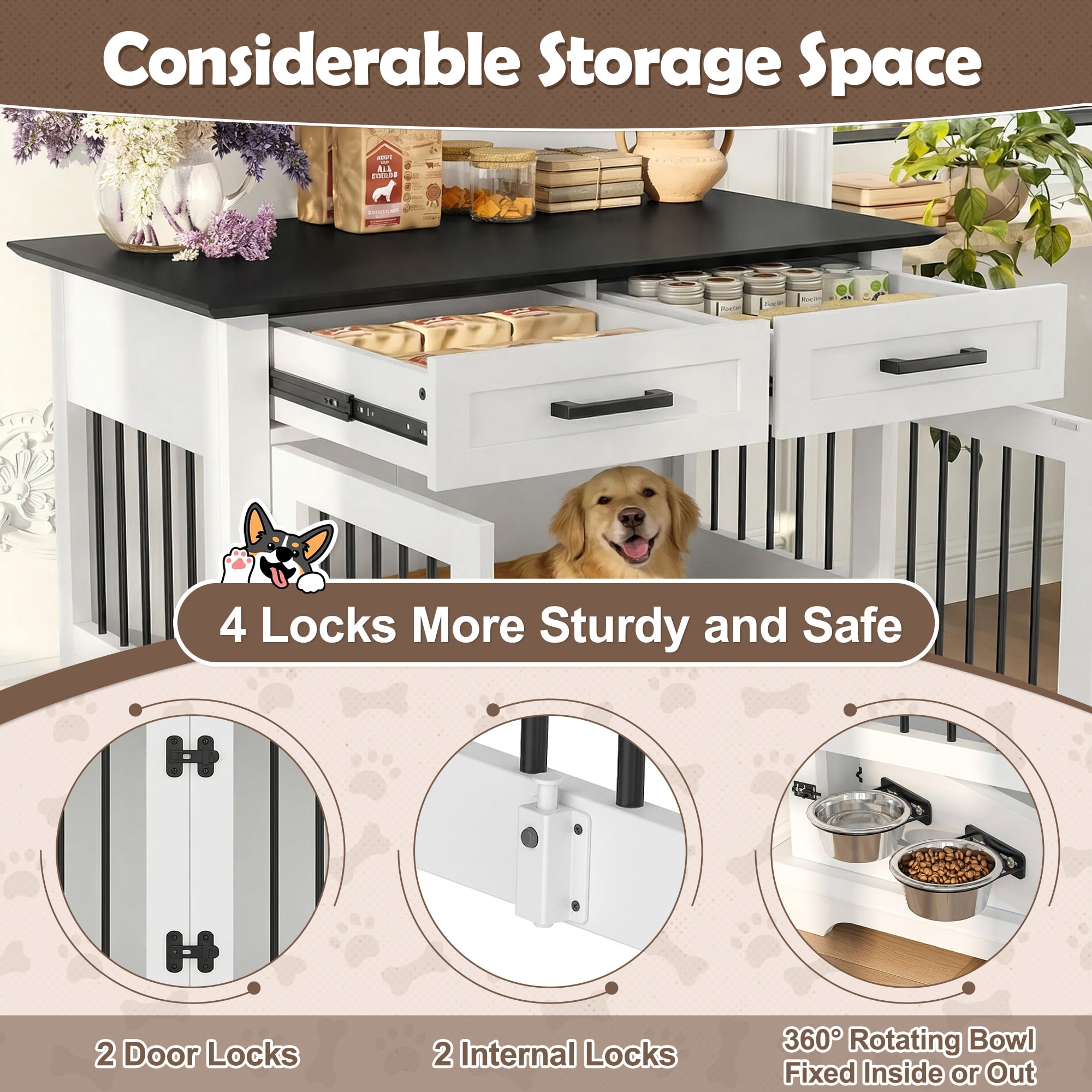 Euroco 44" Large Dog Crate Furniture, Wooden Indoor Dog Kennel End Table with Storage Shelf, 2 Drawers and Rotating Bowls, Dog Crate Cage House for Medium Dogs,White