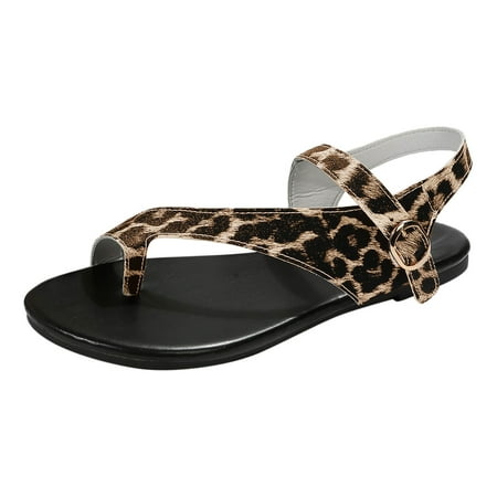 

Cathalem Fashion Spring Summer Women Sandals Flat Bottom Lightweight Set Toe Breathable Comfortable Buckle Leopard Print Casual Style Brown 37