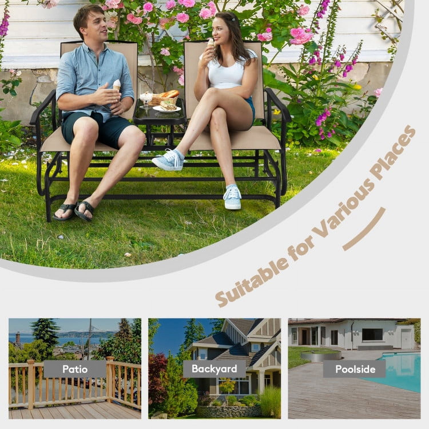Aimee Lii Outdoor Patio Furniture Set, 2-Person Double Rocking Loveseat with Mesh Fabric and Center Tempered Glass Table, Light Brown