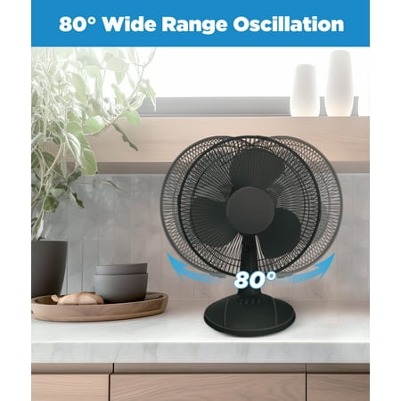Mainstays 12-Inch Black Table Fan with 3-Speed Settings and Oscillation