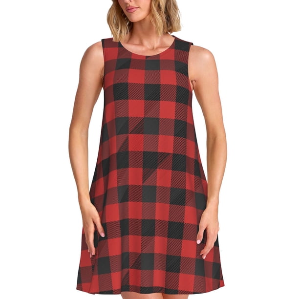 Fotbe Red Black Plaid Vestido de Verano sin Mangas para Mujer – Vestido Midi Línea A, Estilo Camiseta Floral, Vestido Playero Casual y Fluido