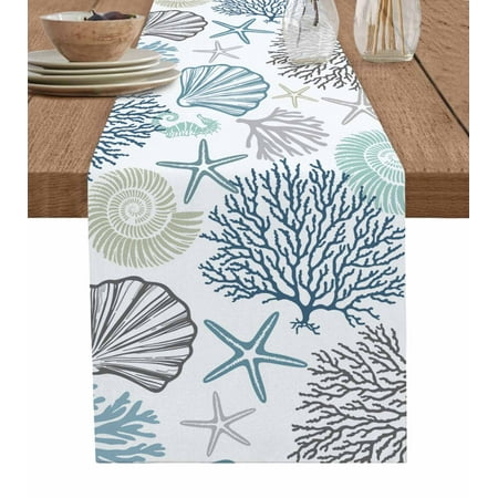 

Blue Ocean Table Runner Coastal Coral Starfish Shell Conch Seahorse Tablerunners 18 x 72 Inch Table Decorations Tabletop Scarf for Summer Gathering Holiday Farmhouse Kitchen Dining Decor