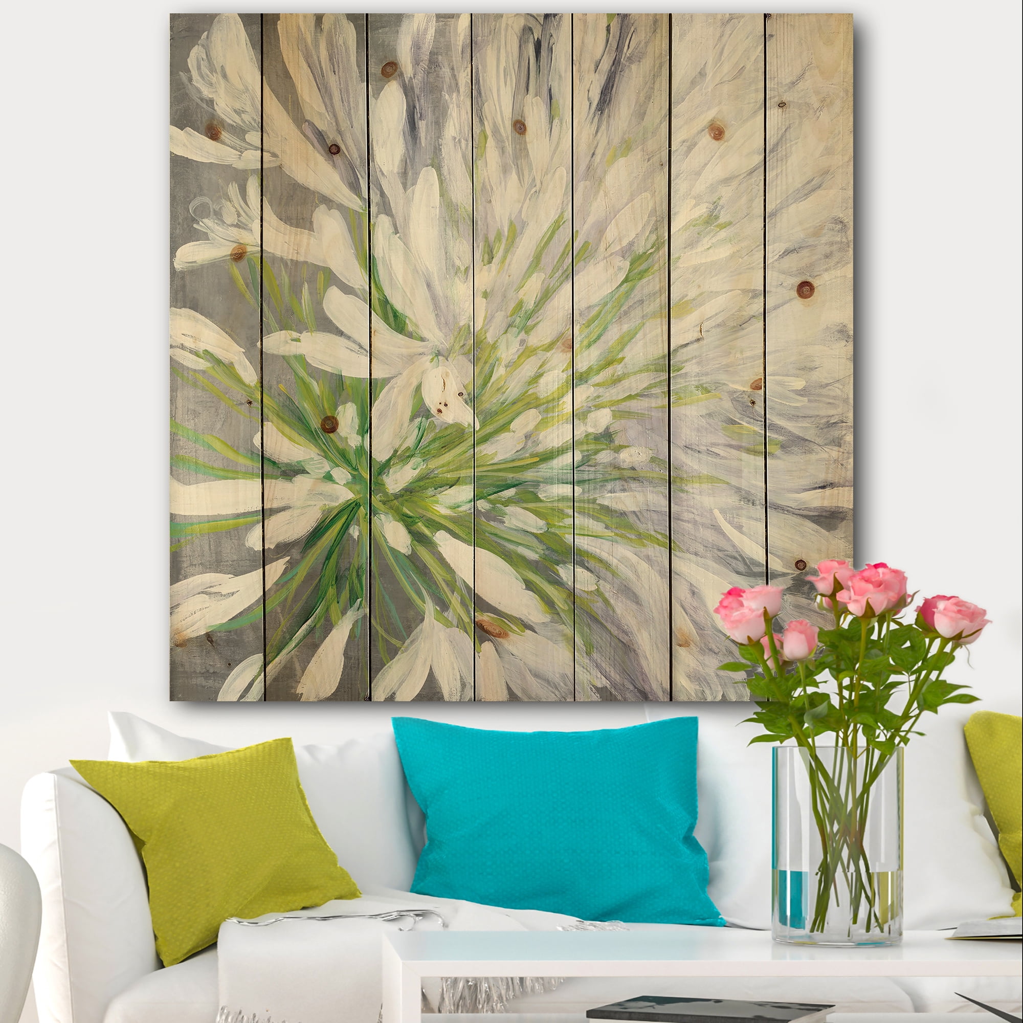 Designart 'Cleome Splash Flower II' Traditional Floral Print on Natural Pine Wood