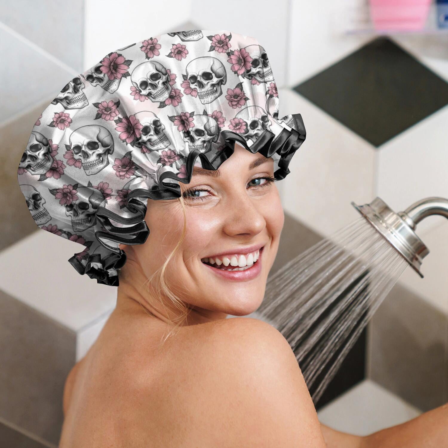 Shower Caps,White Floral Skull Pattern Waterproof Shower Cap for Women 4 Pieces,Double Reusable Hair Cover for Shower PEVA Elastic Stretch Hem