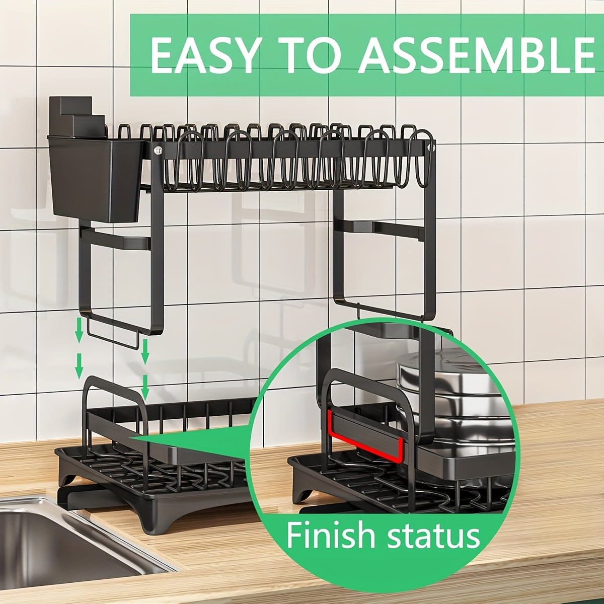 2 Tier Dish Drying Rack for Kitchen Counter, Black Metal Dish Drainer with Drainboard, Two-Level Kitchen Dish Holder Drainage