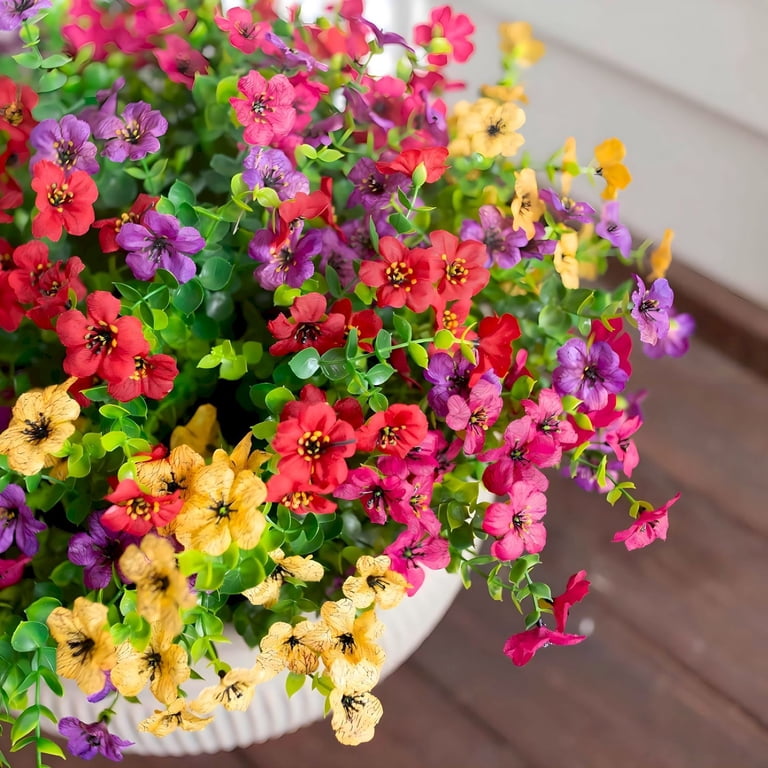 Solar Hanging Basket With Artificial Flowers - 10 Inch UV Resistant Faux Silk Flowers & LED String Lights, Outdoor Porch Garden Decor