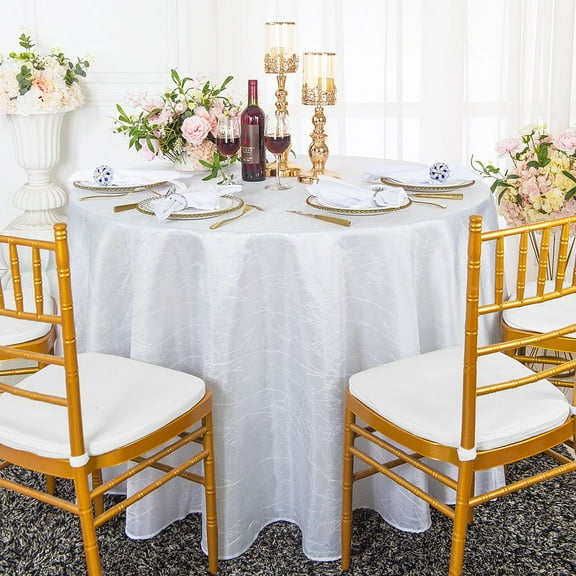 Wedding Linens Inc. 132" Round Crushed Taffeta Tablecloth Crinkle Taffeta Tablecloths Table Cover Linens for Wedding, Events, Decorations - White