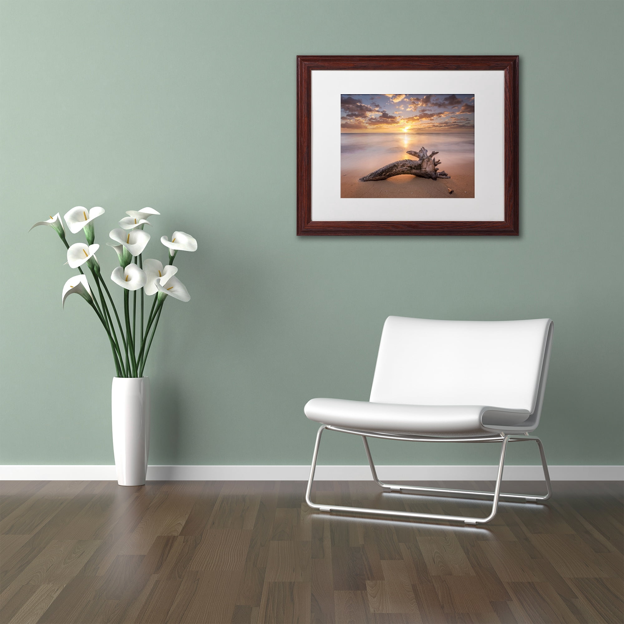 Trademark Fine Art 'Beach Tree Sunrise' Canvas Art by Pierre Leclerc, White Matte, Wood Frame