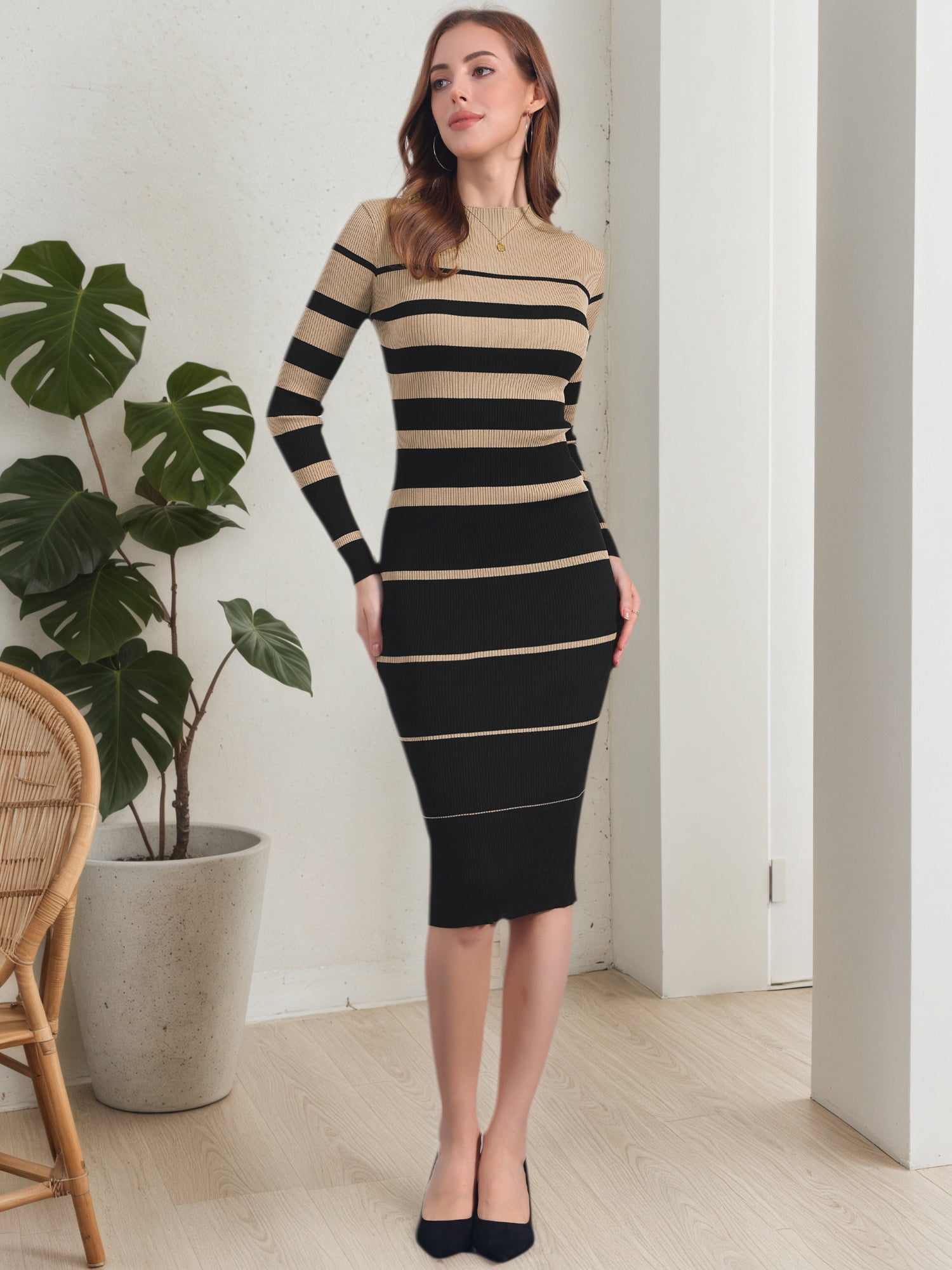 DARING DIVA Women's Striped Long Sleeve Crew Neck Ribbed Knit Dress L Khaki
