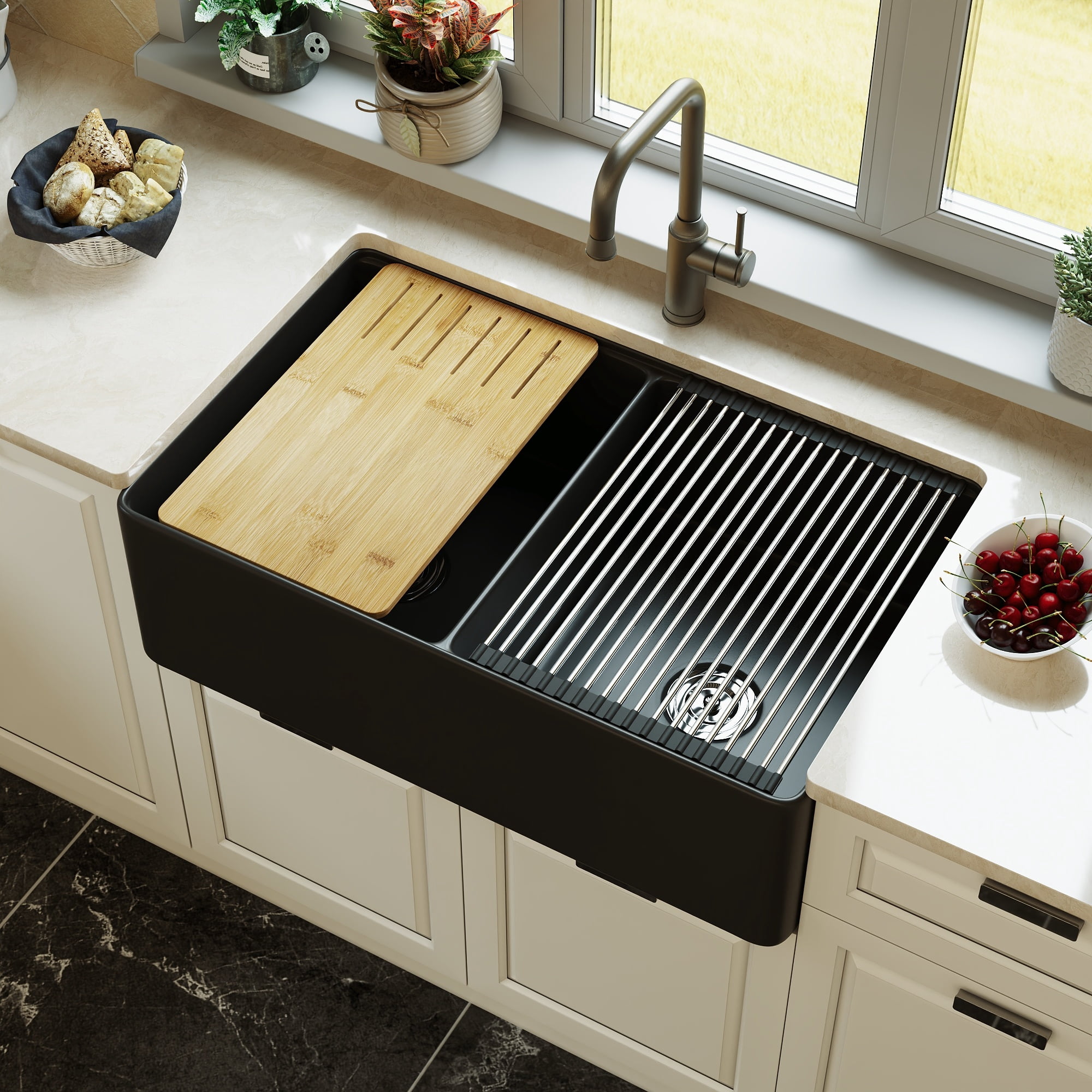 33" L X 20" W Double Basin Workstation Farmhouse Kitchen Sink With Sink Grid, Cutting Board And Dish-Drying Rack  DV-1K0068B