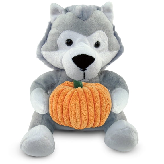 DolliBu Super Soft Wolf Stuffed Animal with Pumpkin Decor - Wolf Plush Animal with Pumpkin Plush for Fall, Halloween and Thanksgiving, Pumpkin Plush Toy for Baby, Kids, Adults - 6 Inches