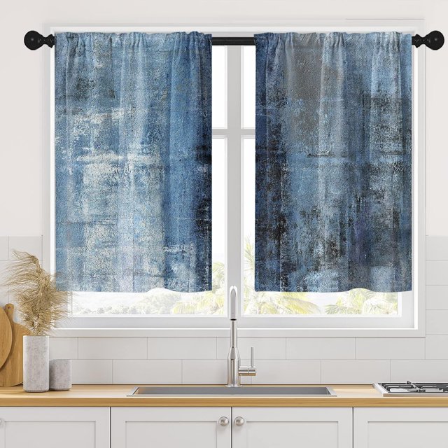 Blue Kitchen Curtains 36 Inch Length Grey Window Curtains Over Sink Set of 2, Abstract Painting Art Short Tier Curtain for Kitchen, Modern Small Kitchen Decor 26x36 Inch