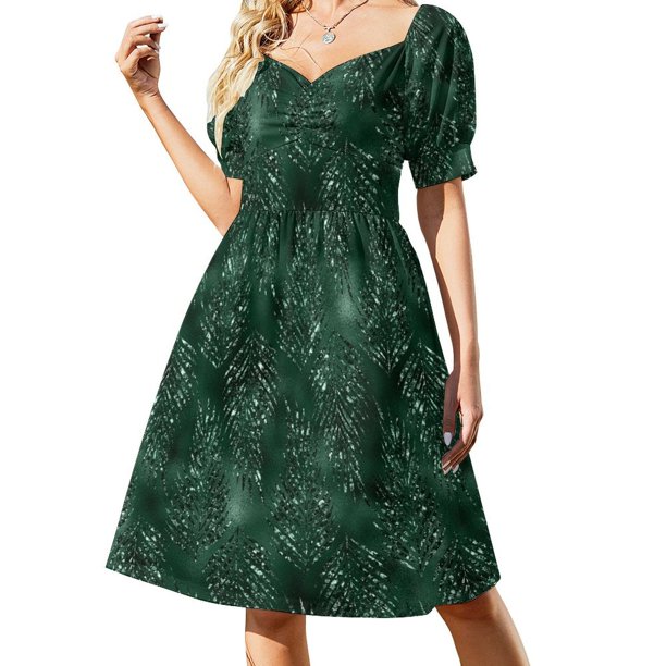 Hermoso vestido elegante de manga corta con destellos de brillo verde esmeralda, vestido de verano para mujer.