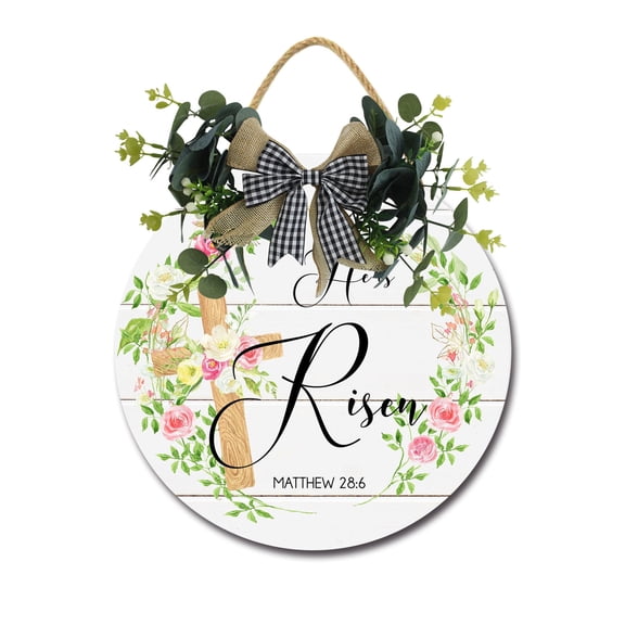 Eveokoki He Is Risen Sign Front Door Porch Decorations, Round Rustic Wood Hanging Sign for Farmhouse Porch Outdoor Home Holiday Front Door Sign Decor