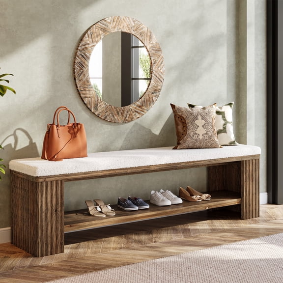 Finmind 63" Solid Wood Entryway Bench, Upholstered End of Bed Bench with Cushion for Entry, Brown