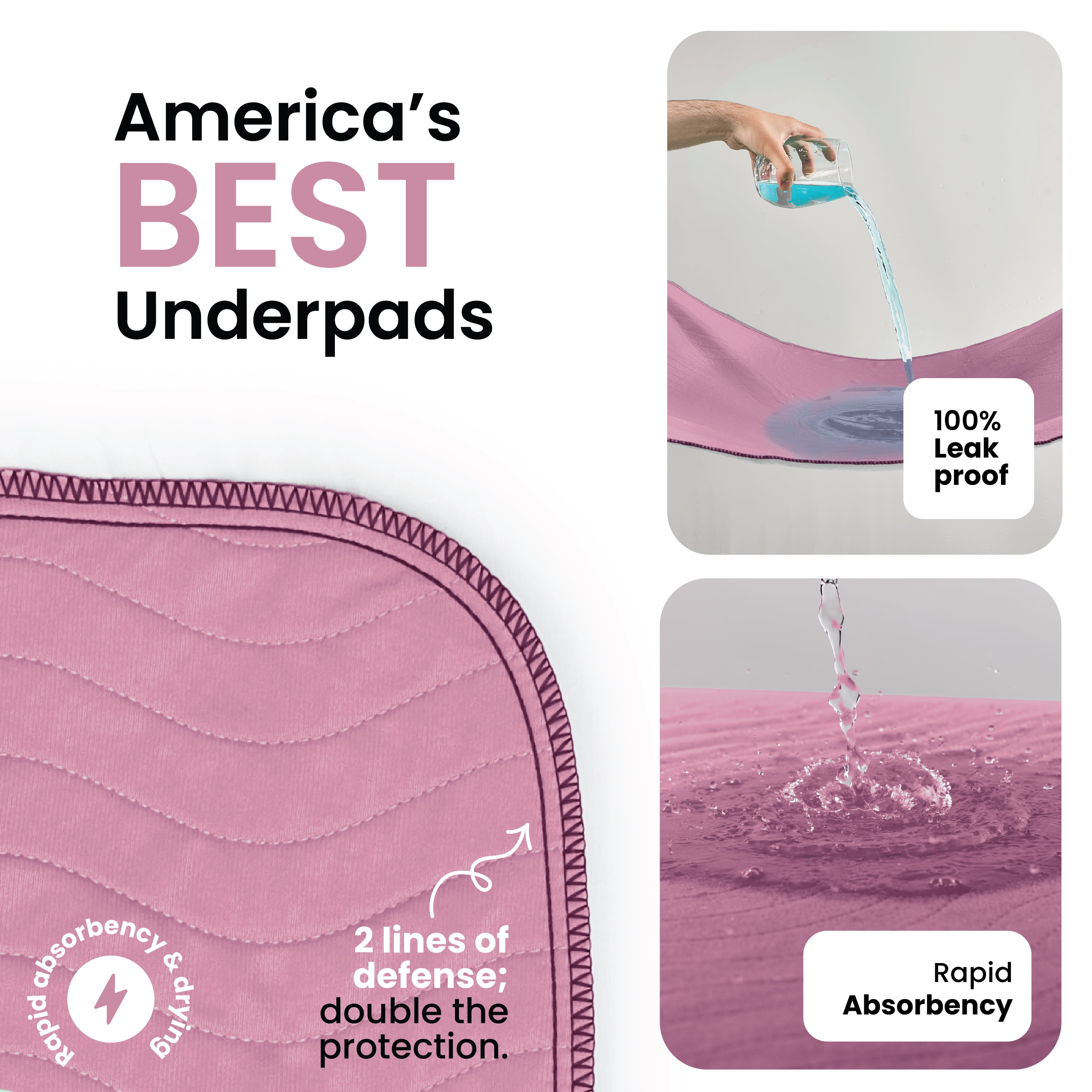 Improvia Washable Bed Pads for Incontinence, Waterproof Reusable, 18 x 24 in, 4-Pack (Pink & White)
