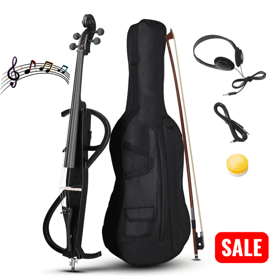 Tcbosik 4/4 Full Size Electric Cello with Case, Bow, Rosin, Headphone and Connecting Cable for Adult Beginner, Black