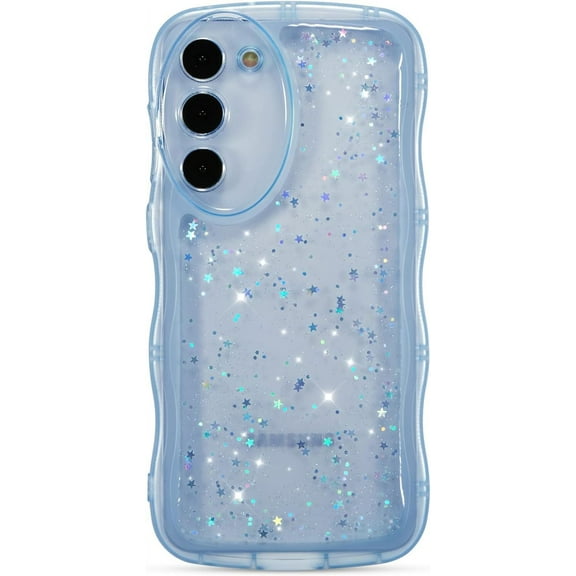 for Samsung Galaxy S23 5G Case 6.1",Cute Curly Wave Case with Star Glitter,Clear Shiny Bling Soft TPU Shockproof Phone Protecive Case for Women Girls-Blue