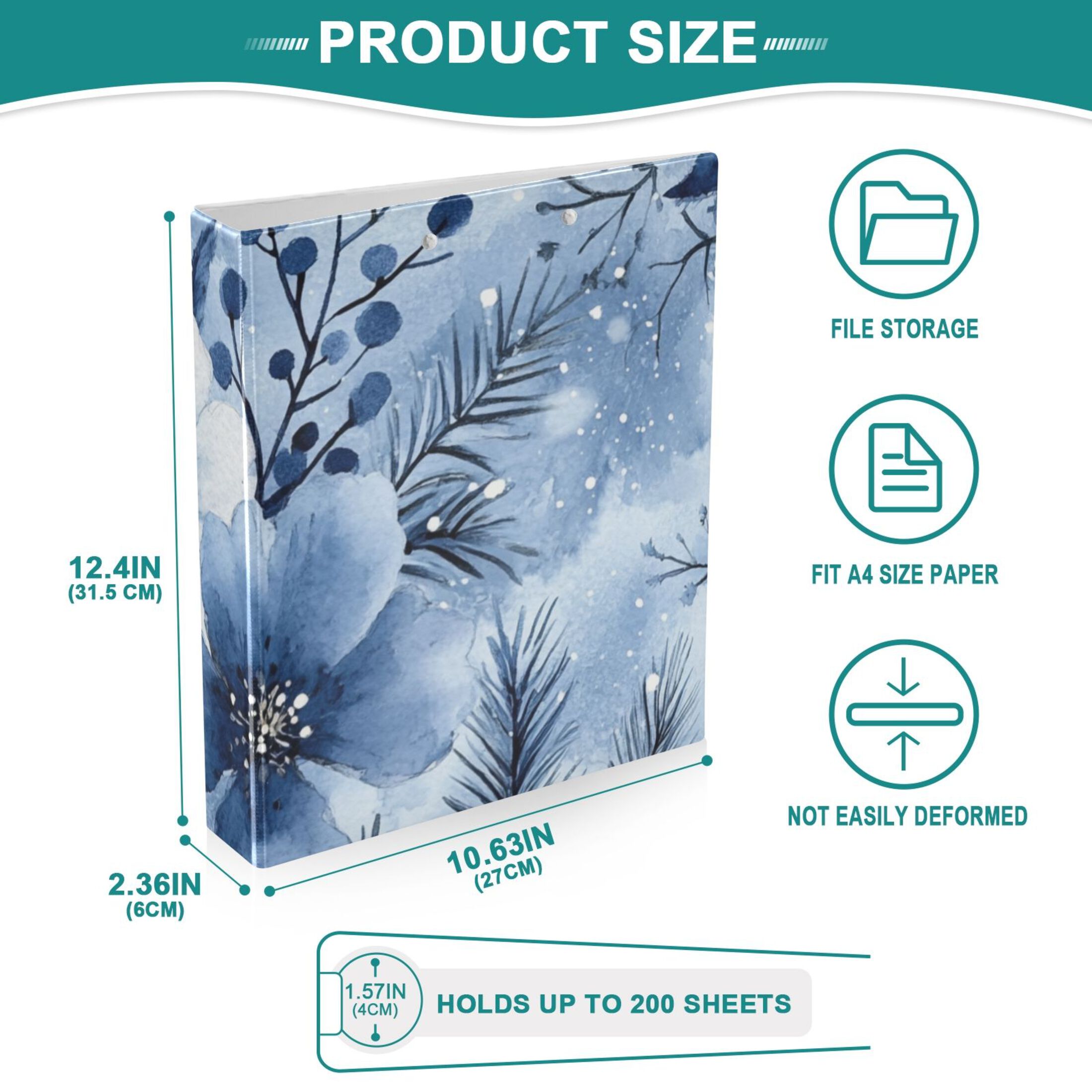 Blue and White Flowers 3 Ring Binders 1.5 inch Hardcover File Folders with Interior Pockets A4 Size Organizer for School Office Hospital