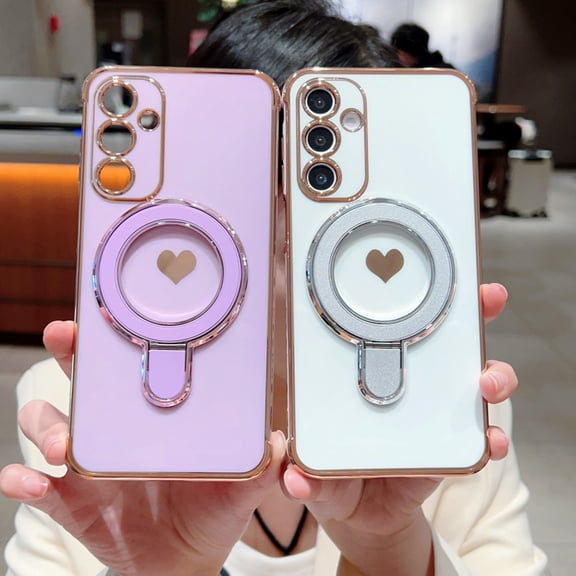 Cute Case for Samsung Galaxy S26 with Heart Pattern, Plated Frame Ring Stand Holder Lightweight Slim Shockproof Anti-Scratch Protective Cover for Women and Girls for Samsung Galaxy S26, Purple