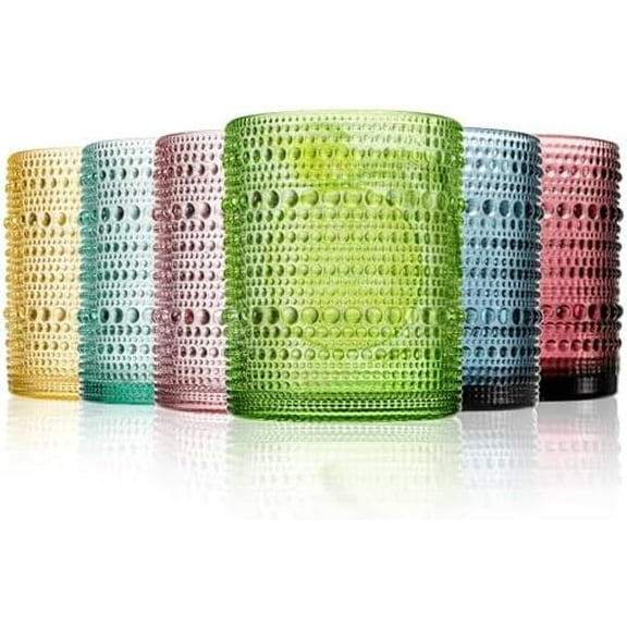 6 Pack 12 Oz Romantic Water Glasses, Colored Hobnail Glasses Tumbler, Embossed Drinking Glassware Set for Beer, Cocktail, Soda, Beverages and Whiskey
