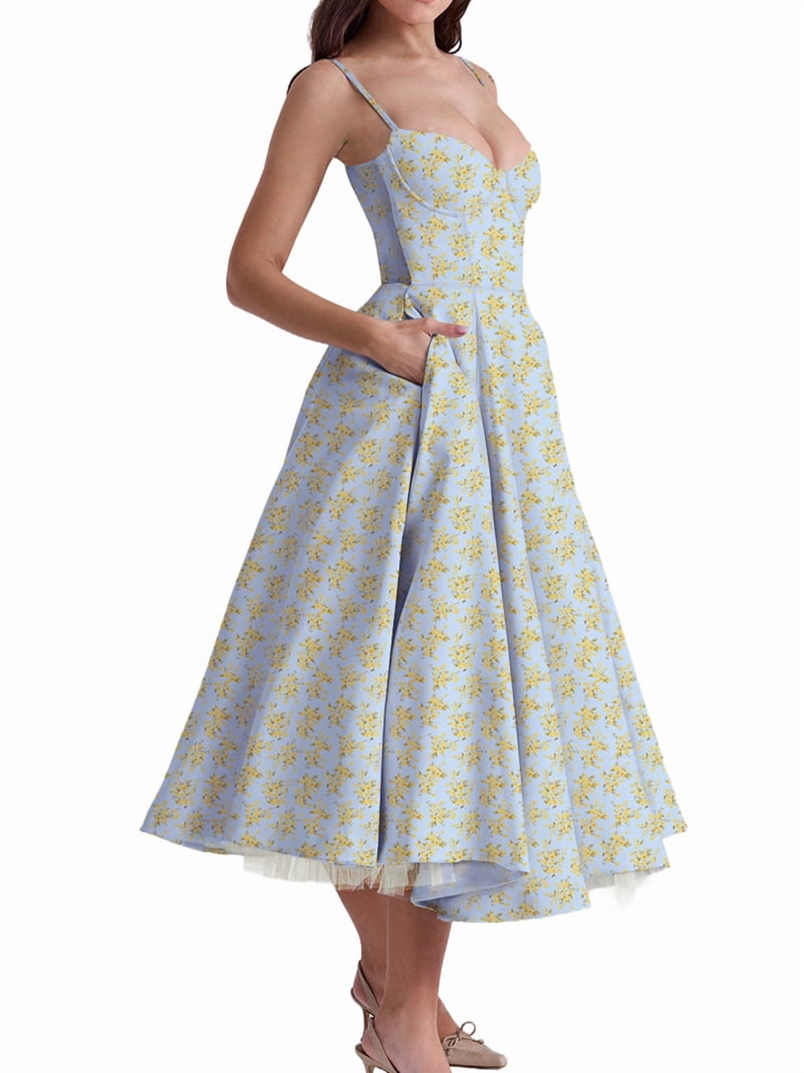 Wedding Guest Dresses for Women Spaghetti Straps Corset Homecoming Floral Lace Maxi Prom Dresses Blue Bottom L