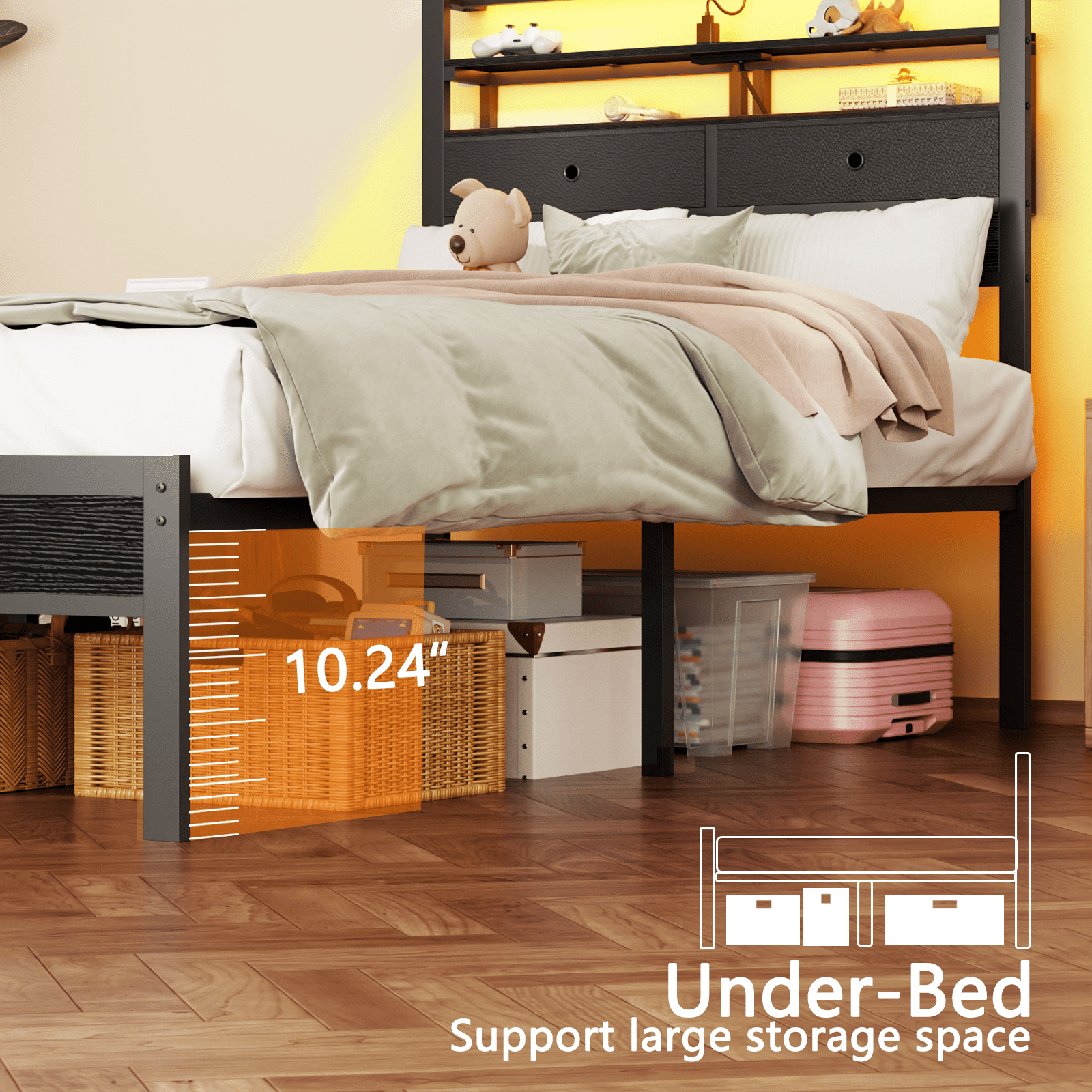 Satifur Twin Size Bed Frame with 2 Storage Drawers Headboard, LED & Charging Station, Black Oak