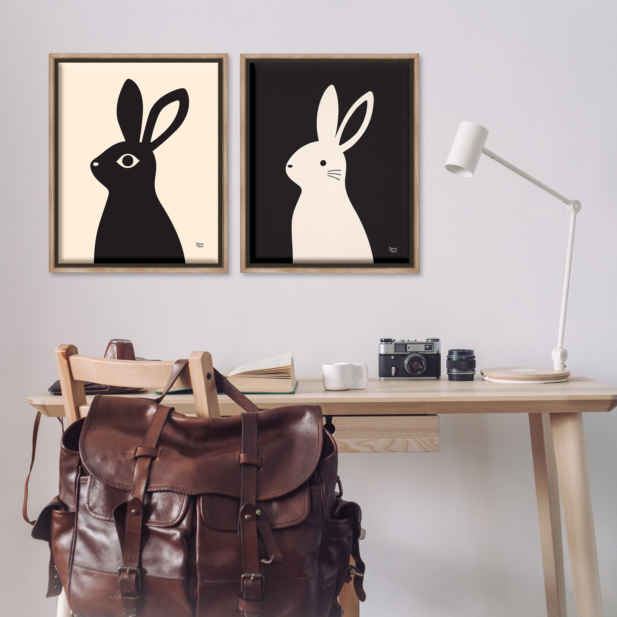 Stupell Industries Cream & Black Rabbits Animals Painting Brown Floater Framed Canvas Art Print Wall Art, 31 x 25, Set of 2