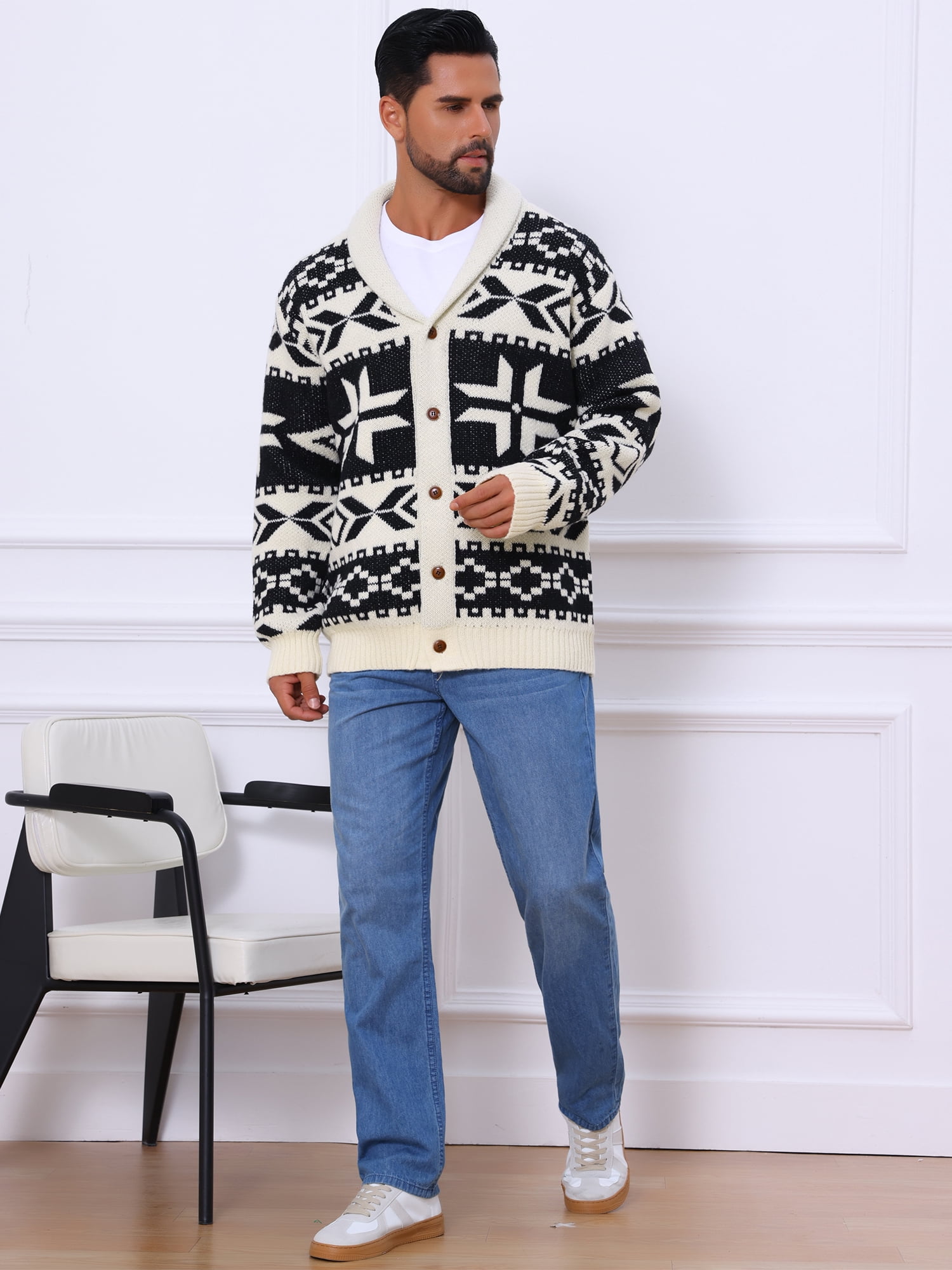 DARING DIVA Men's Shawl Collar Long Sleeved Knitwear Cardigan Sweater 2XL Black Beige
