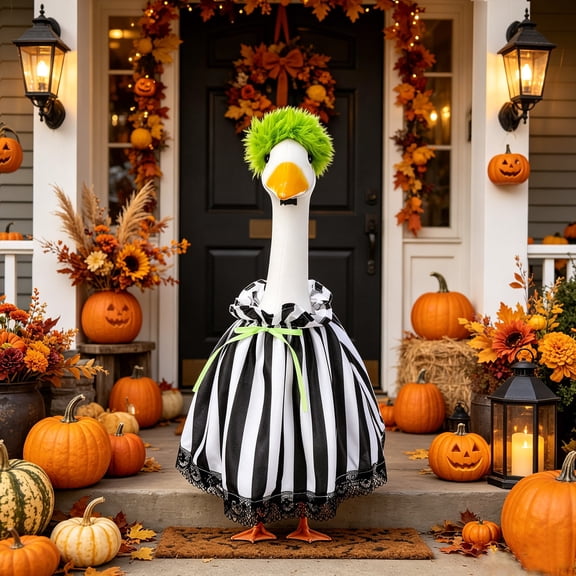 SUORE Halloween Goose Outfit for 23 Inch Porch Statue, Fall Thanksgiving Summer Costume with Hat & Dress, Silly Lawn Goose Clothes for Cement/Plastic Yard Decor, Halloween Outdoor Garden Party Supply