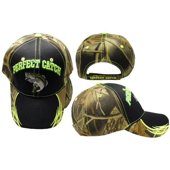 Perfect Catch Bass Fish Camo Back Black Front Adjustable Embroidered Cap Hat