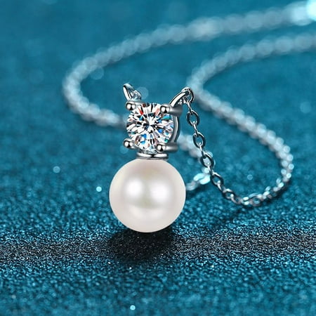 0.50 Carat Real Moissanite 8mm Freshwater Pearl Necklace for Women Wedding Classic S925 Sterling Silver