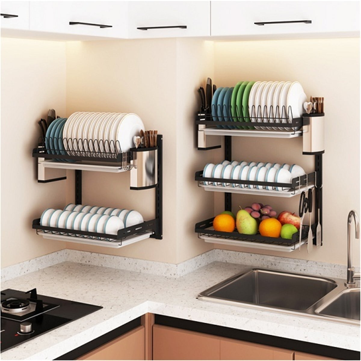 25/25 Tier Dish Rack DIY Kitchen Storage Shelf Utensils Holder Wall Mount  Shelves Spice