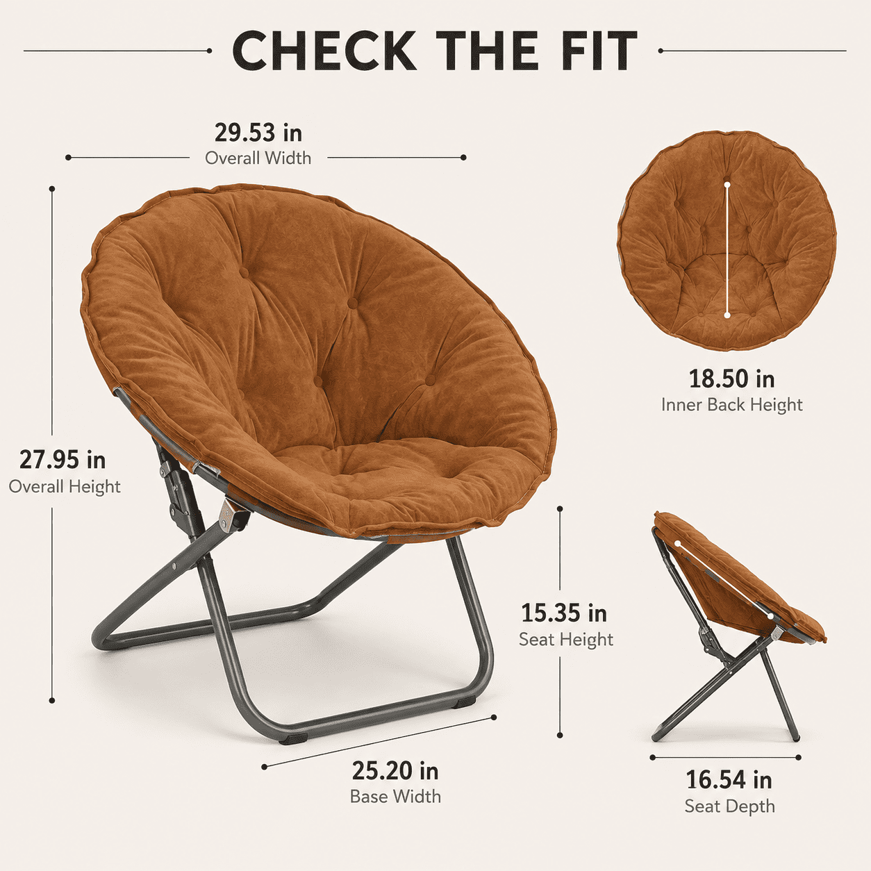 CLOUDREST PRO Soft Plush Folding Saucer Chair for Adults, Padded Round Lounge Seat, Metal Frame, 300 lb Capacity, Brown
