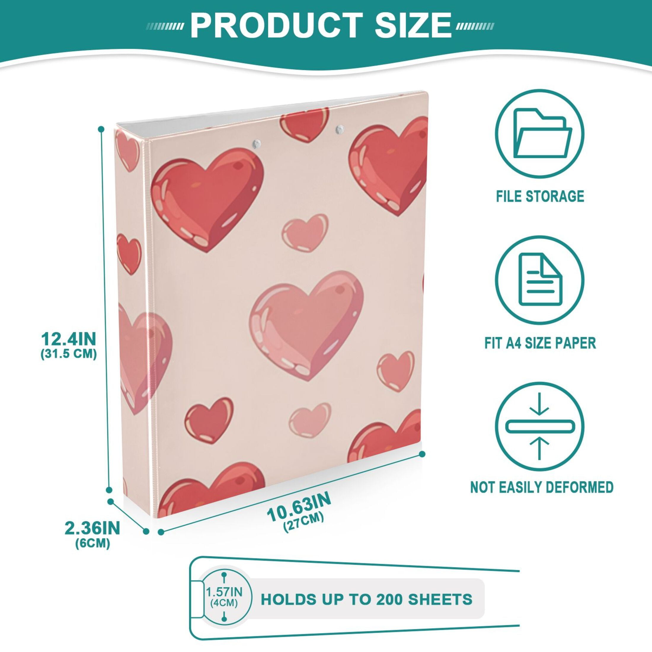 Red and Pink Hearts 3 Ring Binders 1.5 inch Hardcover File Folders with Interior Pockets A4 Size Organizer for School Office Hospital