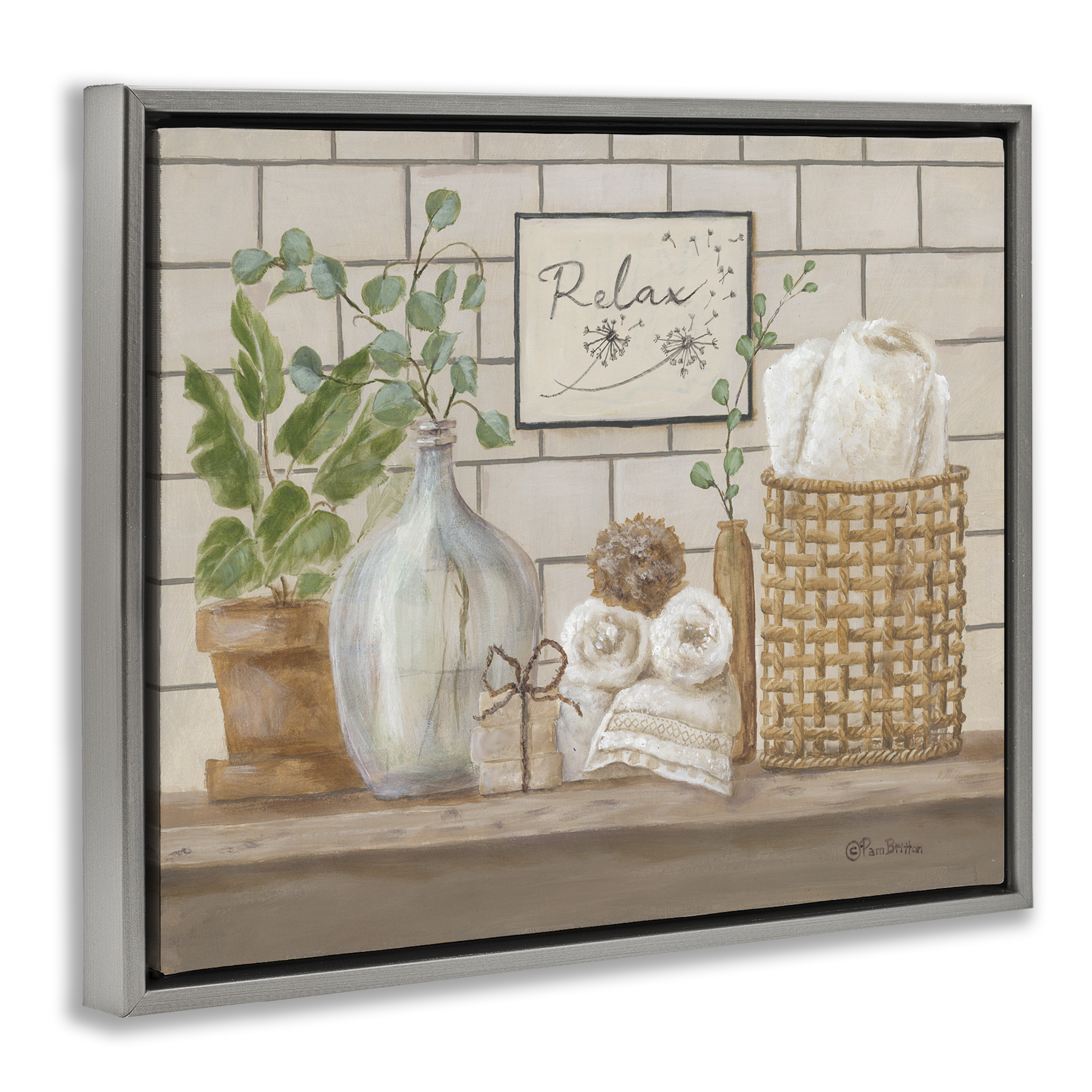 Stupell Industries Uplifting Bathroom Spa Relax Scene Painting Luster Gray Floating Framed Canvas Print Wall Art, Design by Pam Britton