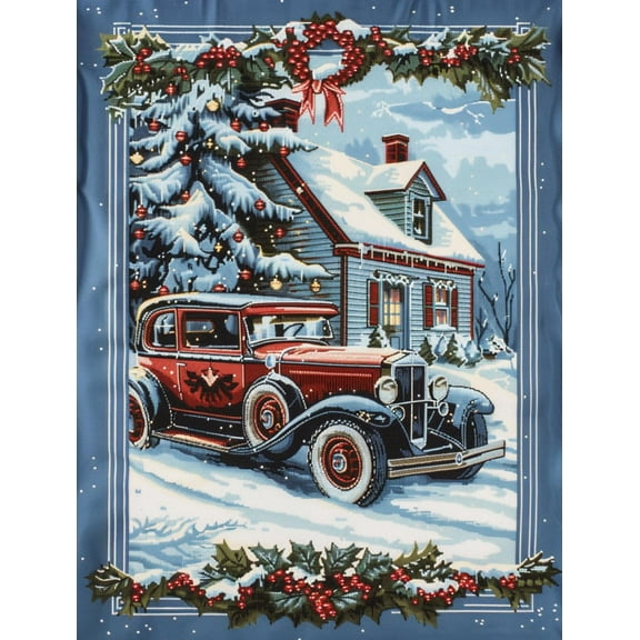 A Vintage Car House Christmas Snow Scene DIY 11CT Stamped Cross Stitch Kits for Beginners Easy Needlepoint Embroidery Counted Cross Stitch Art Craft for Wall Decoration 12x16inch(4)