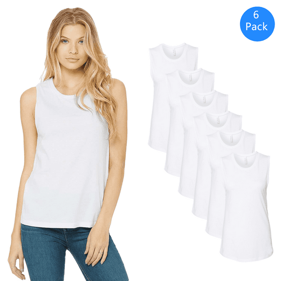 Bella Canvas Women's Sleeveless Cotton Jersey Muscle Tank Top White Tee Pack of 6, S