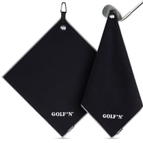 Golf'N Magnetic Microfiber Golf Towel Black 18" x 18" with Carabiner Clip