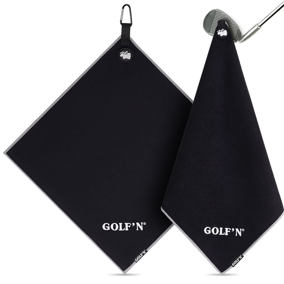 Golf'N Magnetic Microfiber Golf Towel Black 18" x 18" with Carabiner Clip