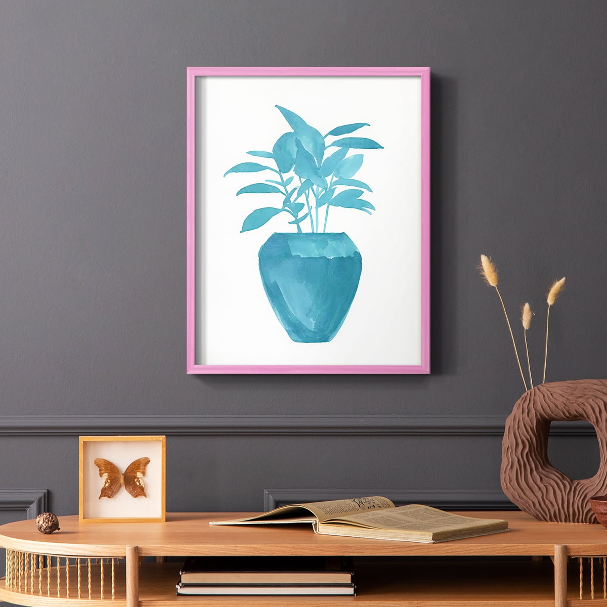 Watercolor House Plant V Framed Print in Pink Solid Wood 11 x 14 Framed Print