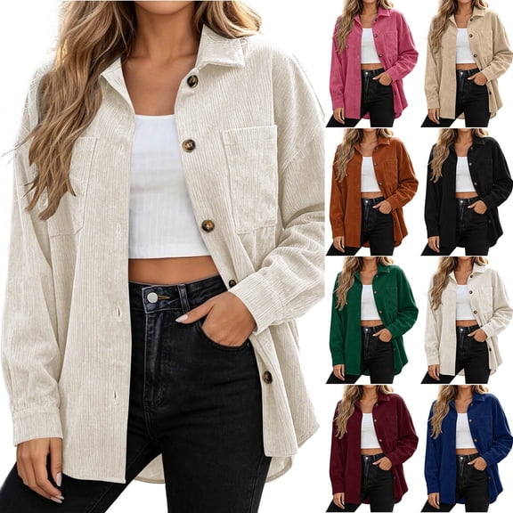 Women's Ribbed Corduroy Long Sleeve Shirt Solid Color Relaxed Fit Button-Up Blouse for Work or Weekend Wear