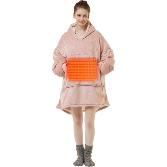 Degrees of Comfort Heated Wearable Blanket for Women Adult, Cordless Wearable Electric Blanket Hoodie Battery Powered, Warm Sherpa Sweatshirt Gift for Women, Blush