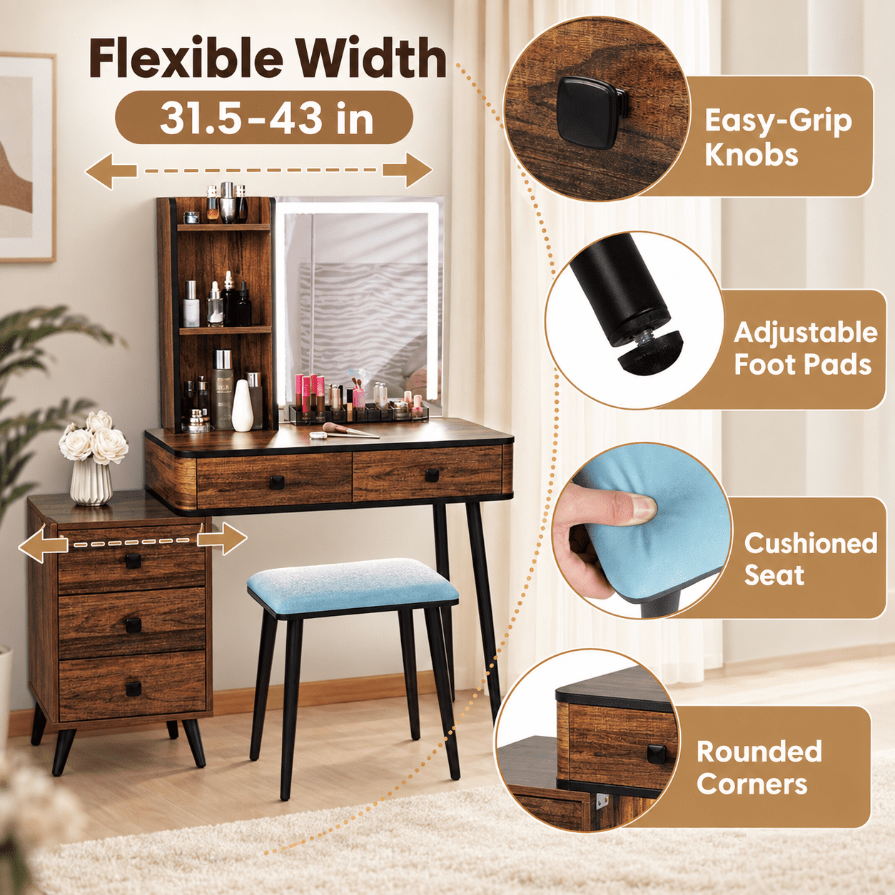 Furnibear Vanity Makeup Table Set with Lighted Mirror and Cushioned Stool, Vanity Desk with 3-Drawer Chest and Wireless Charging for Bedroom, Brown