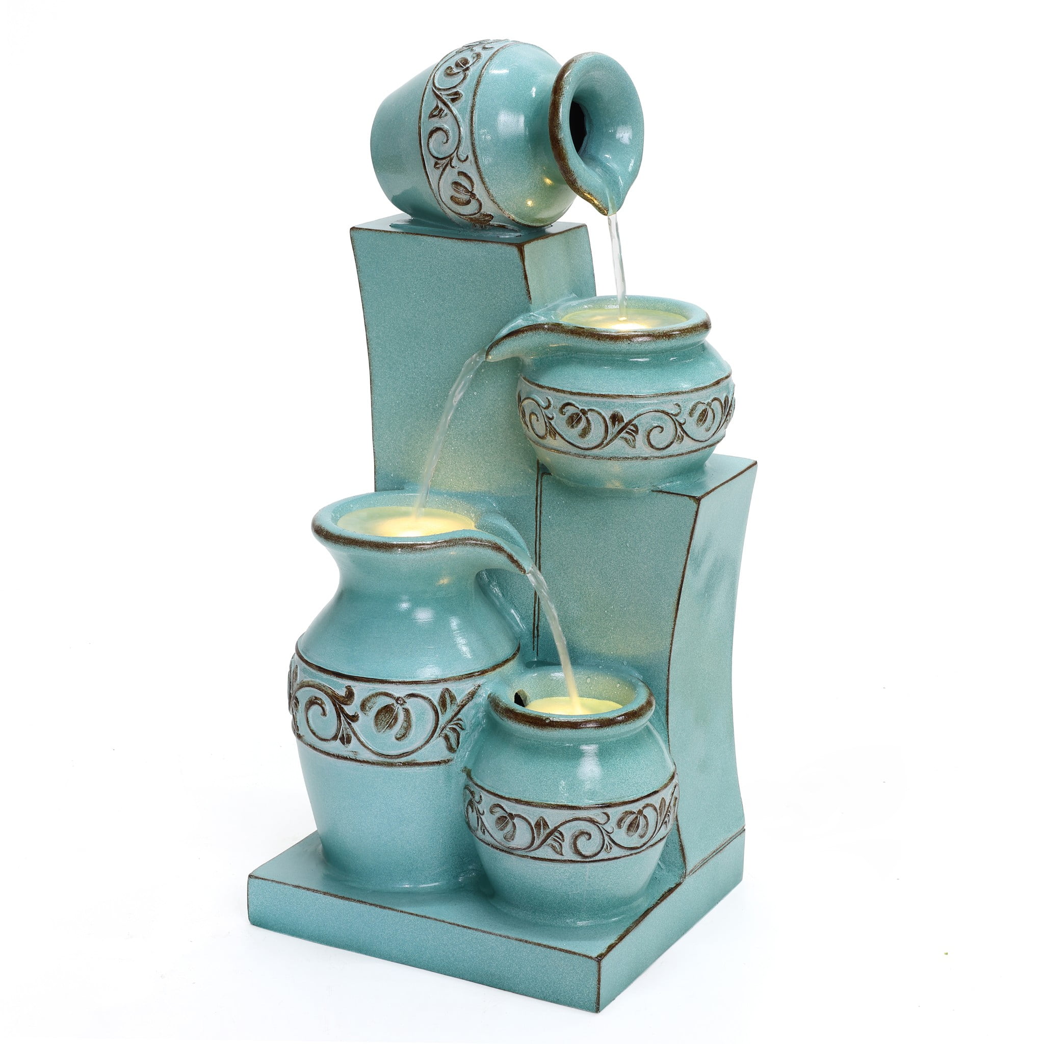 LuxenHome Light Blue 4-Tier Ornate Jugs 2.5-Feet Tall Outdoor Polyresin Fountain with Lights