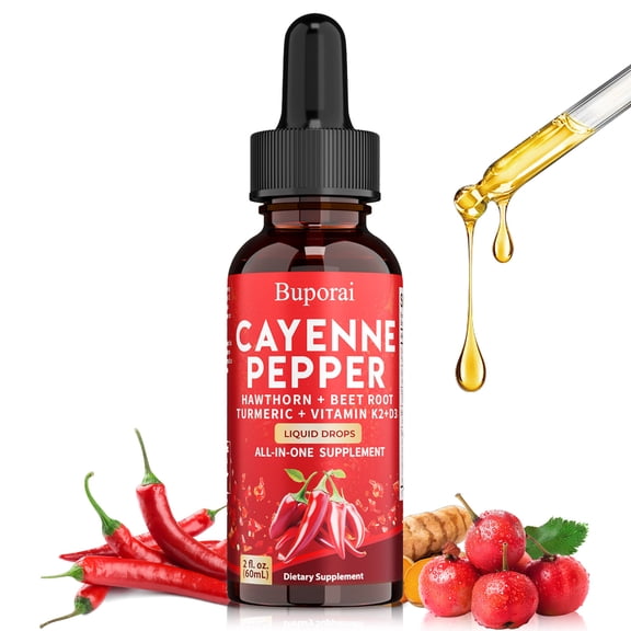 Cayenne Pepper Drops 60ml - with Hawthorn Berry, Vitamin D3 K2, Ceylon Cinnamon, Turmeric Curcumin, Panax Ginseng, Berberine - Improves Circulatory and Digestive Health, Promotes Metabolism