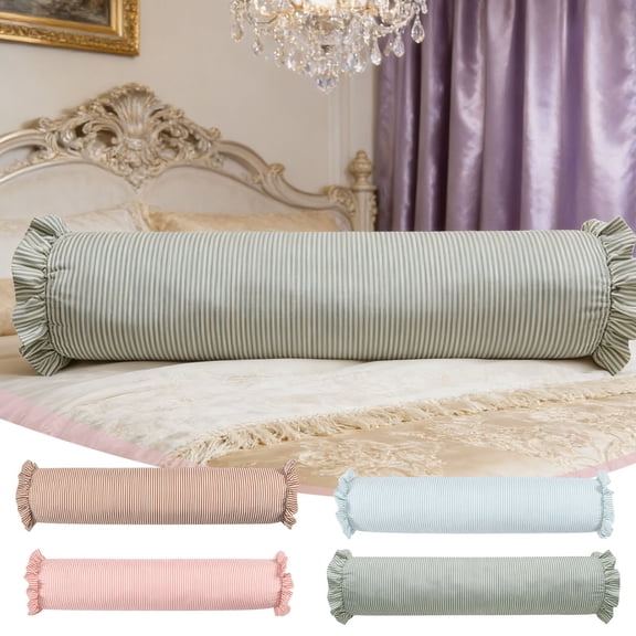 36 in Striped Bolster Pillow with Ruffled Edges, Cylindrical Neck Roll Pillow for Bed Sofa, Lumbar Support Pillow for Sleeping Relaxing, Decorative Throw Pillow with Removable Cover