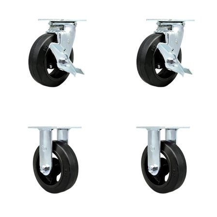 6 Inch Rubber on Steel Caster Set with Ball Bearings 2 Brakes 2 Rigid SCC